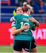26 April 2025; Vicky Elmes Kinlan and Dannah O'Brien of Ireland dejected at full time after their side's loss in the Women's Six Nations Rugby Championship match between Scotland and Ireland at Hive Stadium in Edinburgh, Scotland. Photo by Paul Devlin/Sportsfile
