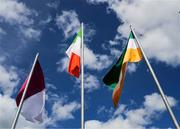26 April 2025; Flags, the Tricolour, Galway, left, and Offaly, right, flutter in the nominal wind before the Leinster GAA Hurling Senior Championship Round 2 match between Offaly and Galway at Glenisk O’Connor Park in Tullamore, Offaly. Photo by Ray McManus/Sportsfile