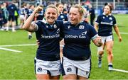 26 April 2025; Chloe Rollie, left, and Lana Skeldon of Scotland celebrate at full time after winning the Women's Six Nations Rugby Championship match between Scotland and Ireland at Hive Stadium in Edinburgh, Scotland. Photo by Paul Devlin/Sportsfile
