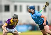 26 April 2025; John Hetherton of Dublin in action against Cian Molloy of Wexford during the Leinster GAA Hurling Senior Championship Round 2 match between Dublin and Wexford at Parnell Park in Dublin. Photo by David Fitzgerald/Sportsfile