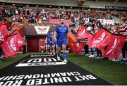 26 April 2025; Ronan Kelleher of Leinster leads the team out before the United Rugby Championship match between Scarlets and Leinster at Parc Y Scarlets in Swansea, Wales. Photo by Chris Fairweather/Sportsfile