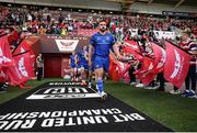 26 April 2025; Ronan Kelleher of Leinster leads the team out before the United Rugby Championship match between Scarlets and Leinster at Parc Y Scarlets in Swansea, Wales. Photo by Chris Fairweather/Sportsfile