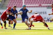26 April 2025; Will Connors of Leinster is tackled by Taine Plumtree of Scarlets during the United Rugby Championship match between Scarlets and Leinster at Parc Y Scarlets in Swansea, Wales. Photo by Chris Fairweather/Sportsfile