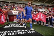 26 April 2025; Ronan Kelleher of Leinster leads the team out before the United Rugby Championship match between Scarlets and Leinster at Parc Y Scarlets in Swansea, Wales. Photo by Chris Fairweather/Sportsfile