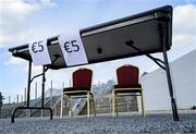 26 April 2025; A table is set for programme sellers before the Leinster GAA Hurling Senior Championship Round 2 match between Offaly and Galway at Glenisk O’Connor Park in Tullamore, Offaly. Photo by Ray McManus/Sportsfile