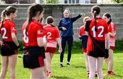26 April 2025; ZuCar Gaelic4Teens ambassador Roscommon's Laura Mannion coaching during the 2025 ZuCar Gaelic4Teens Festival Day featuring players from Clann na Banna of Down, St Nicholas of Louth and Ratoath of Meath at Trim GAA Club, Meath. Photo by Piaras Ó Mídheach/Sportsfile