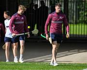 26 April 2025; Cathal Mannion of Galway and team mate Joshua Ryan, left, before the Leinster GAA Hurling Senior Championship Round 2 match between Offaly and Galway at Glenisk O’Connor Park in Tullamore, Offaly. Photo by Ray McManus/Sportsfile