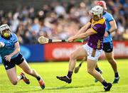 26 April 2025; Cathal Dunbar of Wexford shoots to score his side's third goal during the Leinster GAA Hurling Senior Championship Round 2 match between Dublin and Wexford at Parnell Park in Dublin. Photo by David Fitzgerald/Sportsfile