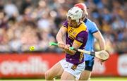 26 April 2025; Cathal Dunbar of Wexford shoots to score his side's third goal during the Leinster GAA Hurling Senior Championship Round 2 match between Dublin and Wexford at Parnell Park in Dublin. Photo by David Fitzgerald/Sportsfile