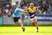26 April 2025; Lee Chin of Wexford in action against Brian Hayes of Dublin during the Leinster GAA Hurling Senior Championship Round 2 match between Dublin and Wexford at Parnell Park in Dublin. Photo by David Fitzgerald/Sportsfile