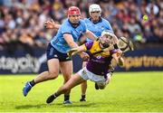 26 April 2025; Rory O'Connor of Wexford in action against Paddy Smyth of Dublin during the Leinster GAA Hurling Senior Championship Round 2 match between Dublin and Wexford at Parnell Park in Dublin. Photo by David Fitzgerald/Sportsfile