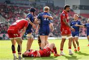 26 April 2025; Jamie Osborne of Leinster celebrates with team mates after scoring his side's first try during the United Rugby Championship match between Scarlets and Leinster at Parc Y Scarlets in Swansea, Wales. Photo by Chris Fairweather/Sportsfile