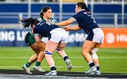 26 April 2025; Vicky Elmes Kinlan of Ireland, left, in action against Evie Gallagher and Ellianne Clarke of Scotland during the Women's Six Nations Rugby Championship match between Scotland and Ireland at Hive Stadium in Edinburgh, Scotland. Photo by Paul Devlin/Sportsfile