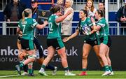 26 April 2025; Amee-Leigh Costigan of Ireland, centre, celebrates scoring her side's first try during the Women's Six Nations Rugby Championship match between Scotland and Ireland at Hive Stadium in Edinburgh, Scotland. Photo by Paul Devlin/Sportsfile