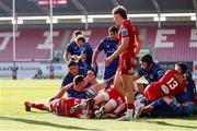 26 April 2025; Diarmuid Mangan of Leinster scores a try during the United Rugby Championship match between Scarlets and Leinster at Parc Y Scarlets in Swansea, Wales. Photo by Chris Fairweather/Sportsfile