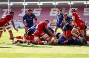 26 April 2025; Diarmuid Mangan of Leinster scores a try during the United Rugby Championship match between Scarlets and Leinster at Parc Y Scarlets in Swansea, Wales. Photo by Chris Fairweather/Sportsfile