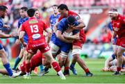 26 April 2025; James Culhane of Leinster is tackled by Sam Lousi of Scarlets during the United Rugby Championship match between Scarlets and Leinster at Parc Y Scarlets in Swansea, Wales. Photo by Chris Fairweather/Sportsfile