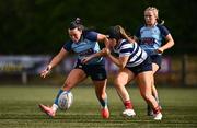 26 April 2025; Lauren Nelson of MU Barnhall and Leah Reilly of Blackrock College contest a loose ball in the Flood Cup Final match between Barnhall NUIM and Blackrock RFC during the Leinster Rugby Girls Finals Day at Mullingar RFC in Mullingar, Westmeath. Photo by Ben McShane/Sportsfile