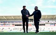26 April 2025; Ulster head coach Richie Murphy and Hollywoodbets Sharks head coach John Plumtree shake hands before the United Rugby Championship match between Ulster and Hollywoodbets Sharks at Kingspan Stadium in Belfast. Photo by Tyler Miller/Sportsfile
