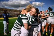 26 April 2025; Niamh Doyle, right, and Alex Dalton of Greystones celebrate after in the Cusack Cup Final match between Greystones and Edenderry during the Leinster Rugby Girls Finals Day at Mullingar RFC in Mullingar, Westmeath. Photo by Ben McShane/Sportsfile