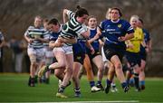 26 April 2025; Clodagh Brennan of Greystones is tackled by Nikki Kennedy of Edenderry in the Cusack Cup Final match between Greystones and Edenderry during the Leinster Rugby Girls Finals Day at Mullingar RFC in Mullingar, Westmeath. Photo by Ben McShane/Sportsfile