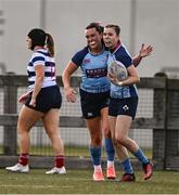 26 April 2025; Lauren Nelson of MU Barnhall, right, celebrates with teammate Ali McMurray after scoring a try in the Flood Cup Final match between Barnhall NUIM and Blackrock RFC during the Leinster Rugby Girls Finals Day at Mullingar RFC in Mullingar, Westmeath. Photo by Ben McShane/Sportsfile