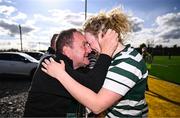 26 April 2025; Alex Dalton of Greystones celebrates with her father Leo after the Cusack Cup Final match between Greystones and Edenderry during the Leinster Rugby Girls Finals Day at Mullingar RFC in Mullingar, Westmeath. Photo by Ben McShane/Sportsfile