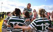 26 April 2025; Alanna Plunkett of Greystones celebrates with teammates after in the Cusack Cup Final match between Greystones and Edenderry during the Leinster Rugby Girls Finals Day at Mullingar RFC in Mullingar, Westmeath. Photo by Ben McShane/Sportsfile