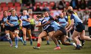 26 April 2025; Leah Reilly of Blackrock College is tackled by Sarah Haughian of MU Barnhall in the Flood Cup Final match between Barnhall NUIM and Blackrock RFC during the Leinster Rugby Girls Finals Day at Mullingar RFC in Mullingar, Westmeath. Photo by Ben McShane/Sportsfile