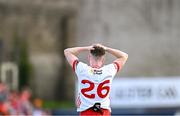 26 April 2025; Eoin McElholm of Tyrone reacts after his side's defeat in the Ulster GAA Football Senior Championship semi-final match between Armagh and Tyrone at St Tiernach's Park in Clones, Monaghan. Photo by Seb Daly/Sportsfile