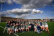26 April 2025; Greystones players and staff celebrate in the Cusack Cup Final match between Greystones and Edenderry during the Leinster Rugby Girls Finals Day at Mullingar RFC in Mullingar, Westmeath. Photo by Ben McShane/Sportsfile