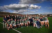 26 April 2025; Greystones players and staff celebrate in the Cusack Cup Final match between Greystones and Edenderry during the Leinster Rugby Girls Finals Day at Mullingar RFC in Mullingar, Westmeath. Photo by Ben McShane/Sportsfile
