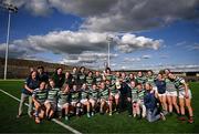 26 April 2025; Greystones players and staff celebrate in the Cusack Cup Final match between Greystones and Edenderry during the Leinster Rugby Girls Finals Day at Mullingar RFC in Mullingar, Westmeath. Photo by Ben McShane/Sportsfile