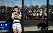 26 April 2025; Greystones captain Emma Costello makes a speech after in the Cusack Cup Final match between Greystones and Edenderry during the Leinster Rugby Girls Finals Day at Mullingar RFC in Mullingar, Westmeath. Photo by Ben McShane/Sportsfile