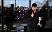 26 April 2025; Patrick Cusack prepares to present the cup after the Cusack Cup Final match between Greystones and Edenderry during the Leinster Rugby Girls Finals Day at Mullingar RFC in Mullingar, Westmeath. Photo by Ben McShane/Sportsfile