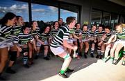 26 April 2025; Greystones captain Emma Costello celebrates with Cusack Cup and her teammates after the Cusack Cup Final match between Greystones and Edenderry during the Leinster Rugby Girls Finals Day at Mullingar RFC in Mullingar, Westmeath. Photo by Ben McShane/Sportsfile