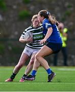 26 April 2025; Lara McElroy of Greystones is tackled by Roisin Bennett of Edenderry in the Cusack Cup Final match between Greystones and Edenderry during the Leinster Rugby Girls Finals Day at Mullingar RFC in Mullingar, Westmeath. Photo by Ben McShane/Sportsfile