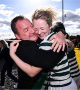 26 April 2025; Alex Dalton of Greystones celebrates with her father Leo after the Cusack Cup Final match between Greystones and Edenderry during the Leinster Rugby Girls Finals Day at Mullingar RFC in Mullingar, Westmeath. Photo by Ben McShane/Sportsfile