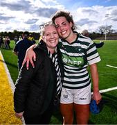 26 April 2025; Alanna Plunkett of Greystones with Greystones club president Anne Bowes celebrate after in the Cusack Cup Final match between Greystones and Edenderry during the Leinster Rugby Girls Finals Day at Mullingar RFC in Mullingar, Westmeath. Photo by Ben McShane/Sportsfile