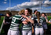 26 April 2025; Millie Devlin Merriman, right, and Alex Dalton of Greystones celebrate in the Cusack Cup Final match between Greystones and Edenderry during the Leinster Rugby Girls Finals Day at Mullingar RFC in Mullingar, Westmeath. Photo by Ben McShane/Sportsfile