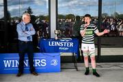 26 April 2025; Greystones captain Emma Costello makes a speech after in the Cusack Cup Final match between Greystones and Edenderry during the Leinster Rugby Girls Finals Day at Mullingar RFC in Mullingar, Westmeath. Photo by Ben McShane/Sportsfile
