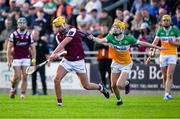 26 April 2025; Tiernan Killeen of Galway is tackled by Daniel Bourke of Offaly during the Leinster GAA Hurling Senior Championship Round 2 match between Offaly and Galway at Glenisk O’Connor Park in Tullamore, Offaly. Photo by Ray McManus/Sportsfile