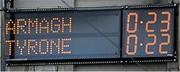 26 April 2025; A view of the scoreboard after the Ulster GAA Football Senior Championship semi-final match between Armagh and Tyrone at St Tiernach's Park in Clones, Monaghan. Photo by Seb Daly/Sportsfile