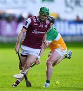 26 April 2025; David Burke of Galway is tackled by Jason Sampson of Offaly during the Leinster GAA Hurling Senior Championship Round 2 match between Offaly and Galway at Glenisk O’Connor Park in Tullamore, Offaly. Photo by Ray McManus/Sportsfile