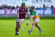 26 April 2025; David Burke of Galway is tackled by Jason Sampson of Offaly during the Leinster GAA Hurling Senior Championship Round 2 match between Offaly and Galway at Glenisk O’Connor Park in Tullamore, Offaly. Photo by Ray McManus/Sportsfile