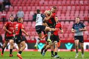 26 April 2025; Santiago Cordero of Connacht and Kade Wolhuter of Emirates Lions challenge for the high ball during the United Rugby Championship match between Emirates Lions and Connacht at Emirates Airline Park in Johannesburg, South Africa. Photo by Shaun Roy/Sportsfile