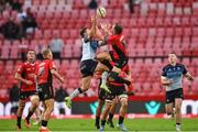 26 April 2025; Santiago Cordero of Connacht and Kade Wolhuter of Emirates Lions challenge for the high ball during the United Rugby Championship match between Emirates Lions and Connacht at Emirates Airline Park in Johannesburg, South Africa. Photo by Shaun Roy/Sportsfile