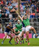 20 April 2025; Kyle Hayes of Limerick in action against Craig Morgan of Tipperary during the Munster GAA Hurling Senior Championship Round 1 match between Tipperary and Limerick at FBD Semple Stadium in Thurles, Tipperary. Photo by Seb Daly/Sportsfile