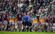 26 April 2025; Players, from both teams, jostle after the half-time whistle was blown during the Leinster GAA Hurling Senior Championship Round 2 match between Offaly and Galway at Glenisk O’Connor Park in Tullamore, Offaly. Photo by Ray McManus/Sportsfile
