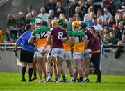 26 April 2025; Players, from both teams, jostle after the half-time whistle was blown during the Leinster GAA Hurling Senior Championship Round 2 match between Offaly and Galway at Glenisk O’Connor Park in Tullamore, Offaly. Photo by Ray McManus/Sportsfile